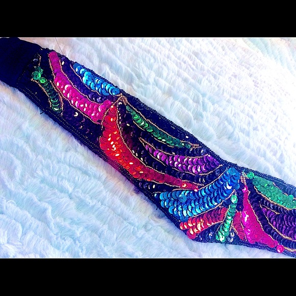 Sequin belt w/black satin rayon vtg 32”+2” Stretch - Picture 3 of 6